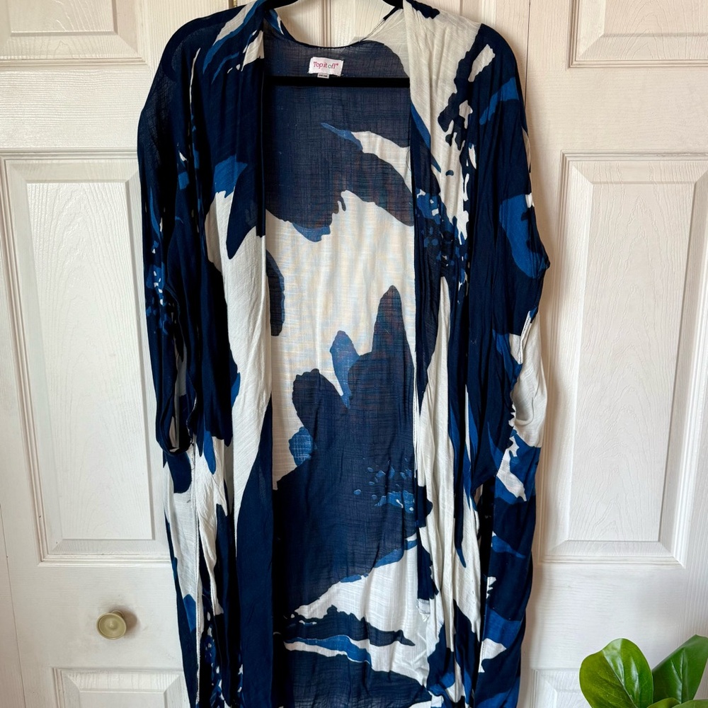 Top It Off Womens Blue and White Floral Kimono Duster Cover Up One Size
